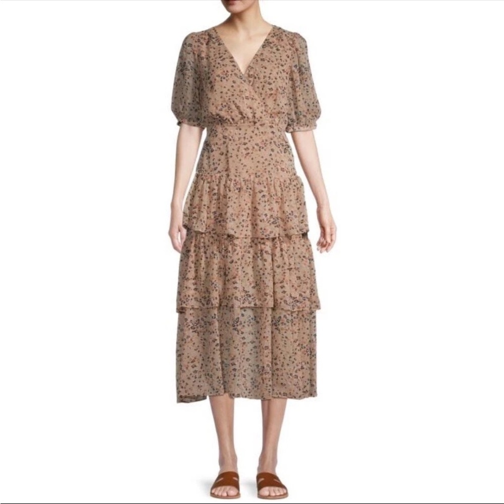 Fate Brown and Cream Tiered Midi Sundress with V-Neck